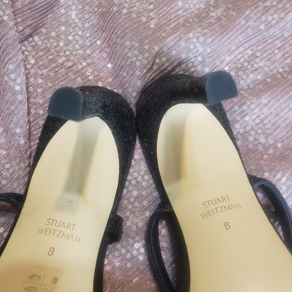 Stuart Weitzman Black Glitter Strappy Ankle Strap Heel Sandals Size 8 - Picture 6 of 9